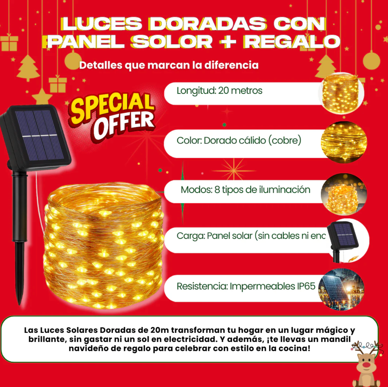 LUCES SOLARES DE COBRE (20M) + REGALO NAVIDEÑO - D007